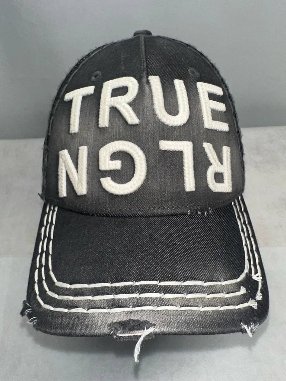 True Religion Trucker Hat Cap Black TRUE RLGN spellout Distressed Leather Strap